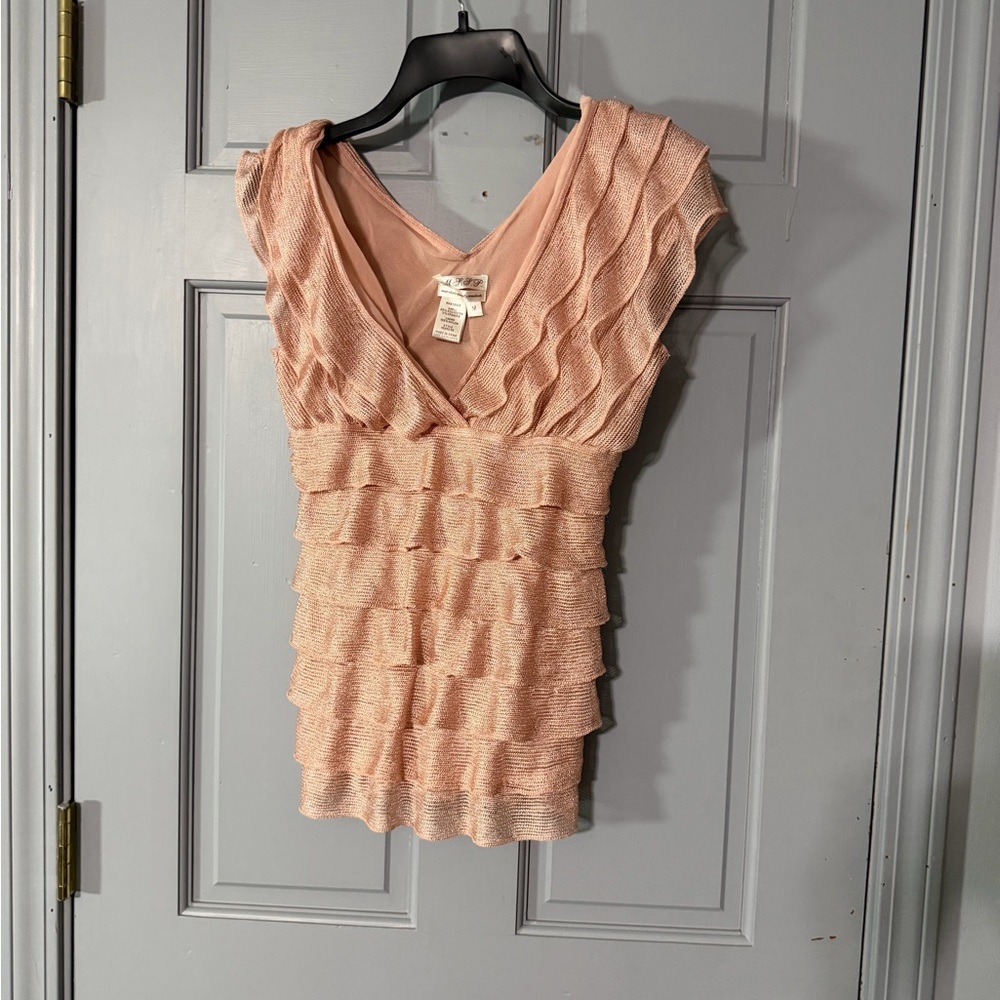 Peach Ruffle Tiered Top V Neck Textured Fitted Blouse Feminine Stretch